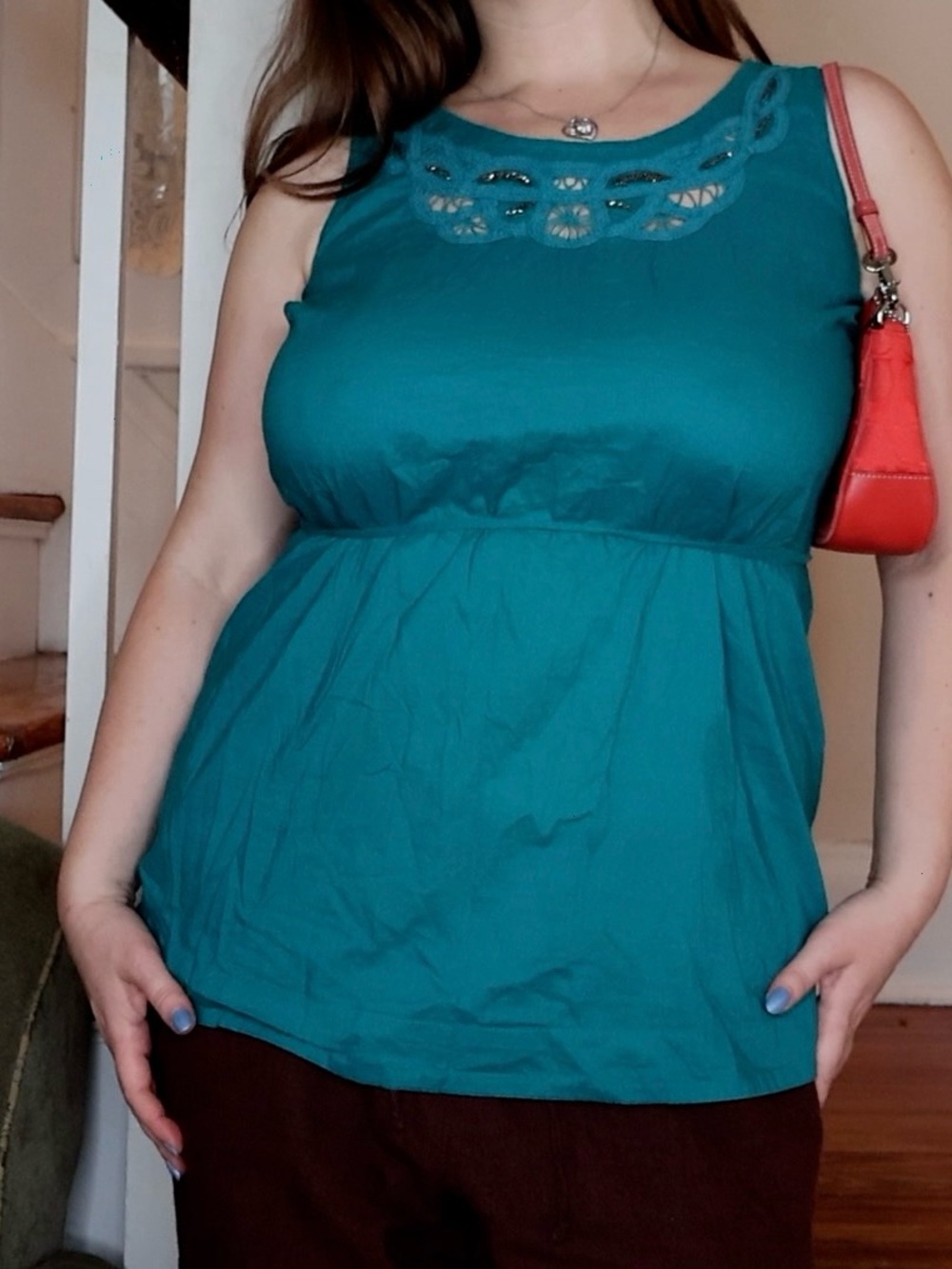 Teal Sleeveless Babydoll Tank with Lace Beaded Yoke - Small